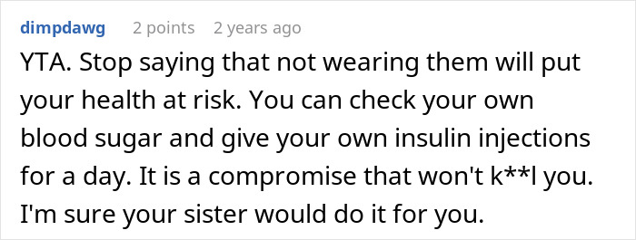 Comment discussing a woman refusing to risk her health for her sister&rsquo;s wedding photo aesthetic, upsetting family members.