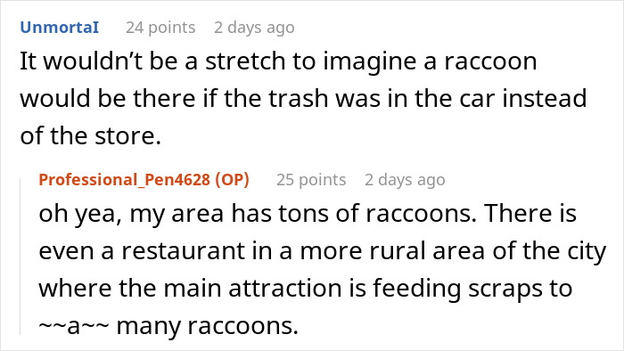 Online discussion about a Porsche parked across handicap spots with raccoons mentioned in the comments.