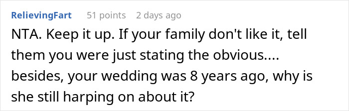 Screenshot of a social media comment where a woman responds to cousin insulting her wedding, defending her marriage.