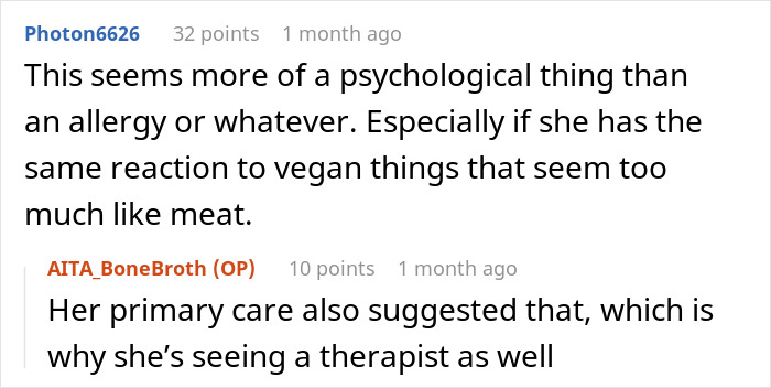 Screenshot of a discussion about a friend slipping bone broth to a meat-allergic woman in a soup.