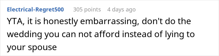 Reddit comment criticizing secretly selling alcohol at a dry wedding to cover costs, calling it embarrassing and dishonest.