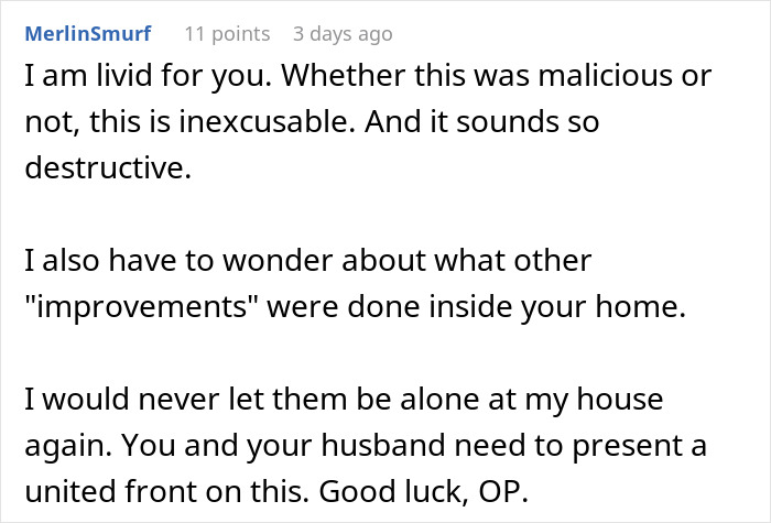 Comment expressing frustration about a woman&rsquo;s garden being landscaped without permission by her MIL after vacation.