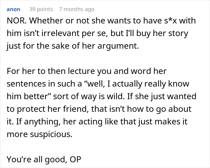Screenshot of an online comment discussing relationship tensions involving a friend&rsquo;s girlfriend not allowing them to sleep in the same bed.