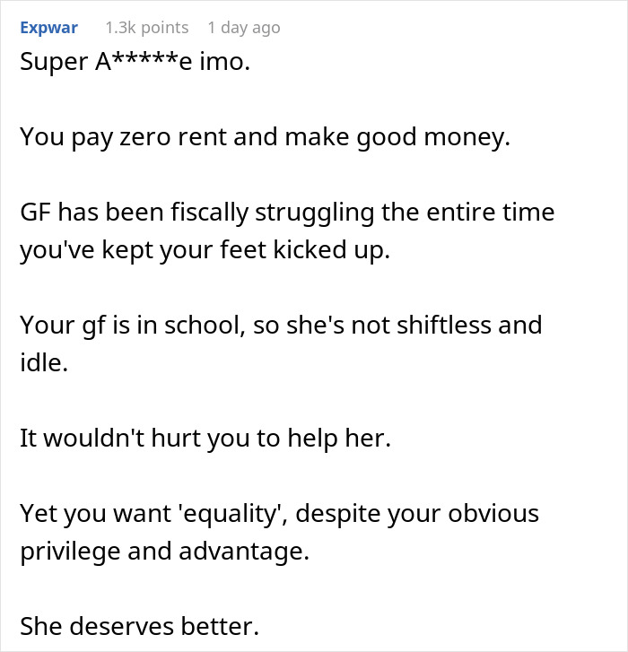 Comment discussing a woman furious with her boyfriend who refuses to let her move in unless they split expenses 50/50. Comment discussing a woman furious with her boyfriend who refuses to let her move in unless they split expenses 50/50.