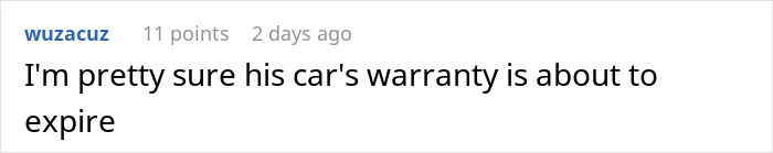 Reddit comment about a car warranty expiring related to a story of a guy blocking a garage and getting job applications.