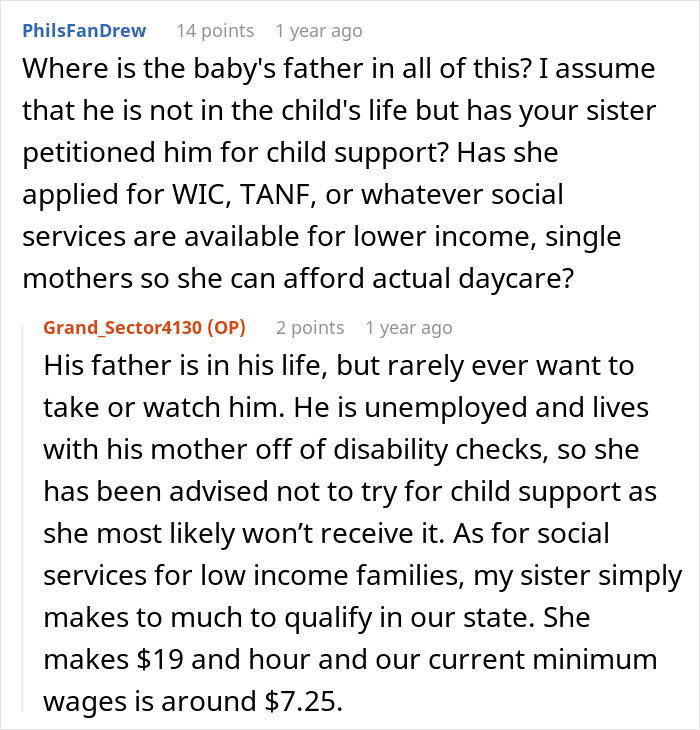 Reddit conversation showing a woman throwing a fit after sibling refuses to babysit her child for free all summer.