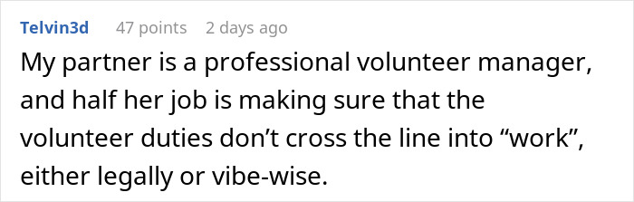 Comment from a volunteer manager about ensuring volunteer duties do not cross into work, related to non-profit employee hours dispute.
