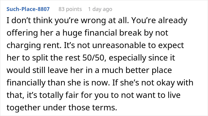 Comment discussing a furious boyfriend refusing to let woman move in unless expenses are split 50/50 for fairness. Comment discussing a furious boyfriend refusing to let woman move in unless expenses are split 50/50 for fairness.