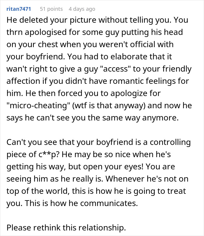Reddit comment discussing a guy accusing his girlfriend of micro-cheating over an old photo on her chest.