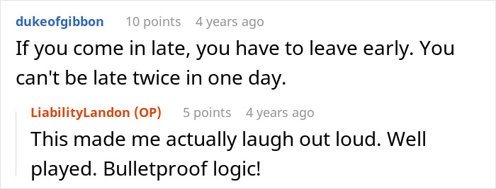 Screenshot of an online comment discussing being late and sticking to a schedule with bulletproof logic.