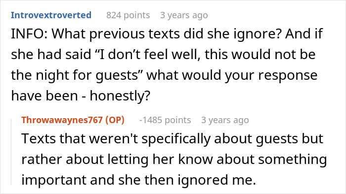 Reddit conversation about husband losing it after bringing guests to messy home and blaming ill wife for not cleaning up.