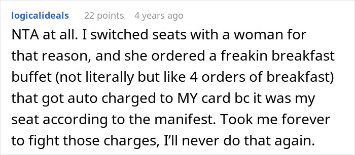 Screenshot of an online forum discussing not switching seats with a mother on an airplane and related seat charge issues.