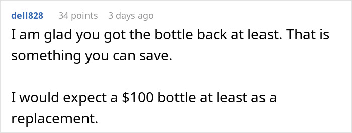 Commenter expressing relief about recovering an irreplaceable champagne bottle and suggesting a $100 replacement.