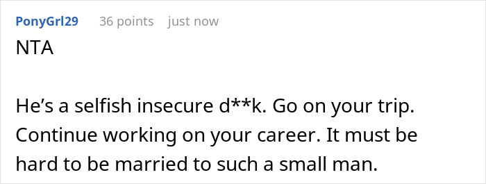 Screenshot of an online comment criticizing a husband demanding wife cancel plans over hair transplant surgery.