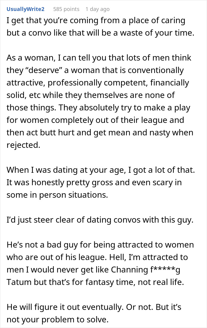 Screenshot of a Reddit comment discussing men wanting to date influencer-like women and facing a reality check. Screenshot of a Reddit comment discussing men wanting to date influencer-like women and facing a reality check.