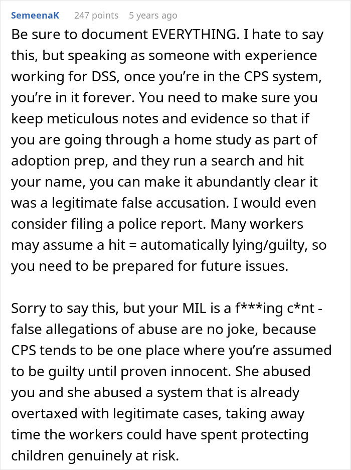 Comment advising to document everything carefully when dealing with child protective services due to false accusations risks. Comment advising to document everything carefully when dealing with child protective services due to false accusations risks.