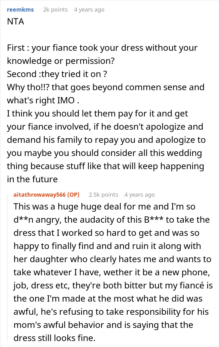 Woman left baffled as her wedding dress is ruined by mother-in-law who demanded to try it on without permission.