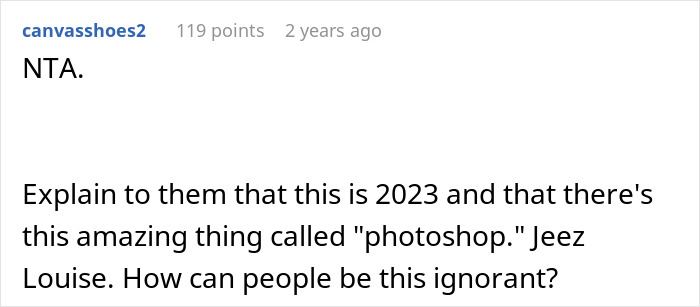 Comment about woman refusing to risk health for sister&rsquo;s wedding photo aesthetic, upsetting family, discussing modern solutions.