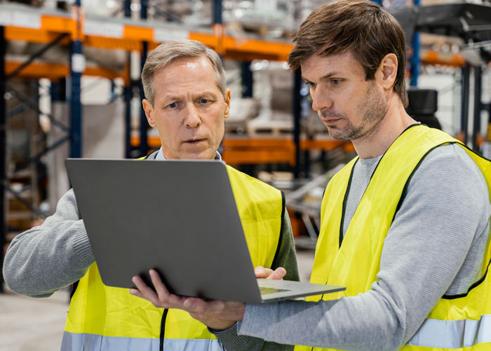 Two warehouse workers in yellow vests reviewing data on a laptop, illustrating company penny-pinching consequences. Two warehouse workers in yellow vests reviewing data on a laptop, illustrating company penny-pinching consequences.
