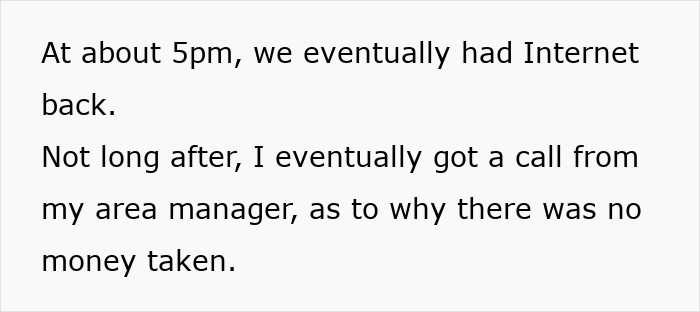 Text excerpt showing an employee complying with company rules leading to consequences for the boss and management. Text excerpt showing an employee complying with company rules leading to consequences for the boss and management.