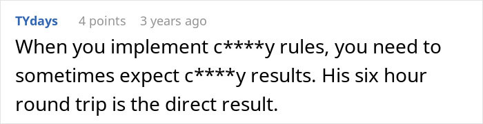 Text comment about employee complying with company rules and consequences for the boss in a casual online discussion. Text comment about employee complying with company rules and consequences for the boss in a casual online discussion.