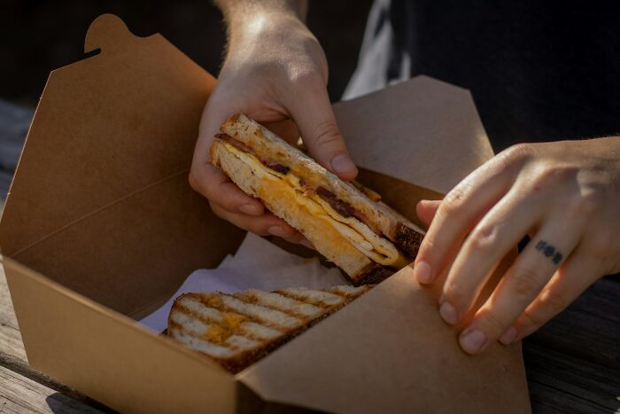 Hand holding a grilled sandwich inside a cardboard takeout box, illustrating moments from truck drivers’ lives.