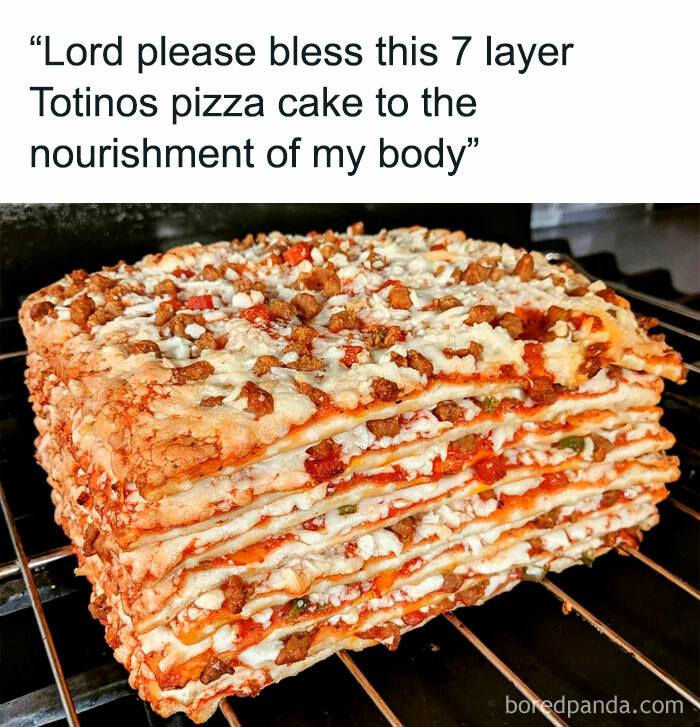 7 layer Totinos pizza cake with processed meats and cheese, an unusual food that might disgust some and lose appetite.