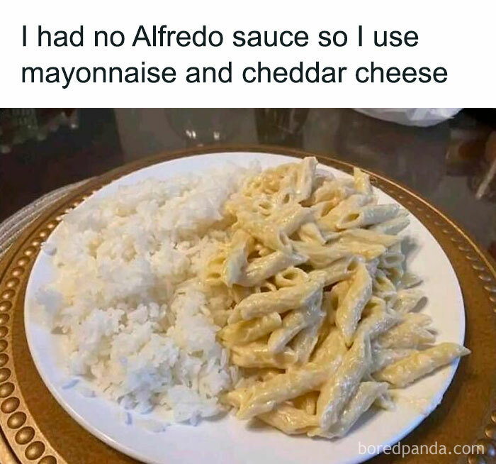 Pasta with mayonnaise and cheddar cheese served with white rice, an example of gross foods that might lose your appetite.
