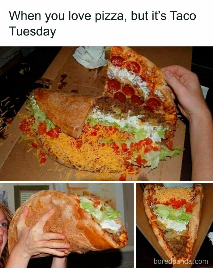 Unappetizing combination of pizza and taco ingredients in a single slice, showcasing a gross and unusual food mix.
