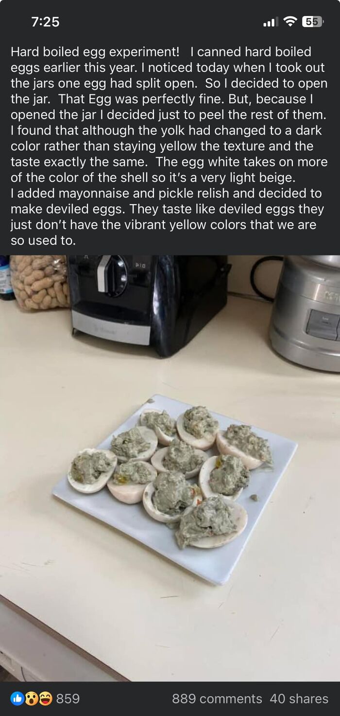 Plate of deviled eggs with unusual grayish filling, part of a gross foods experiment that might lose your appetite.