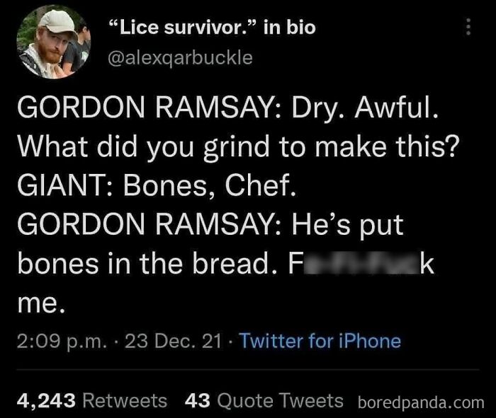 Screenshot of a tweet humorously describing a gross food scenario involving bones in bread, highlighting disgusting foods.