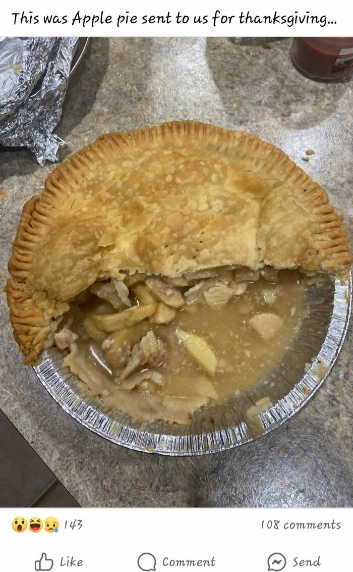 Partially eaten apple pie with unappetizing filling, highlighting one of the gross foods that might lose your appetite.