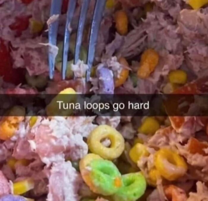 Close-up of a fork with tuna mixed with colorful cereal loops, illustrating one of the gross foods that can ruin appetite.