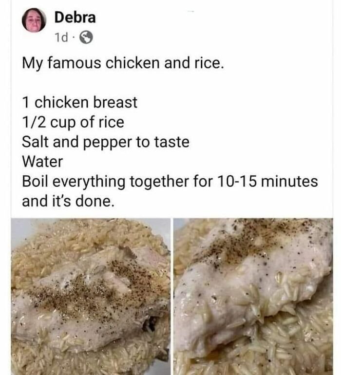 Plain boiled chicken breast with rice and pepper, an example of one of the 95 foods that are so gross.