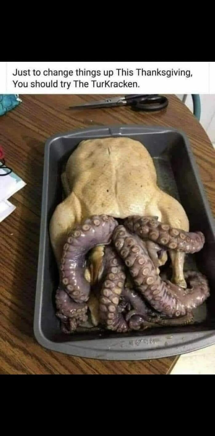 A raw chicken stuffed with large octopus tentacles in a baking tray, an example of gross foods that might lose your appetite.