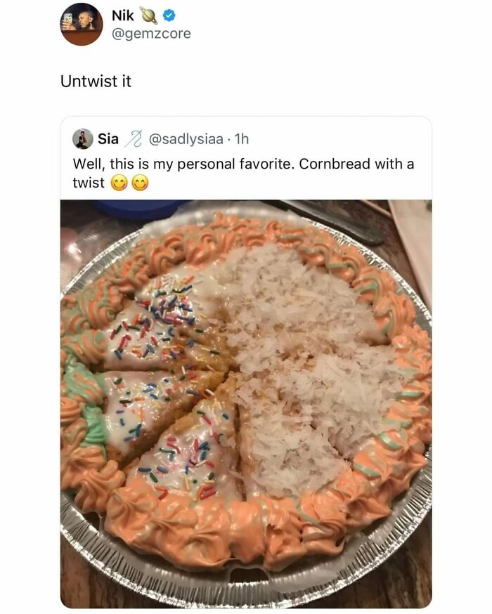 Cornbread dessert with icing, sprinkles, and shredded coconut, an example of foods that are so gross they might lose your appetite.