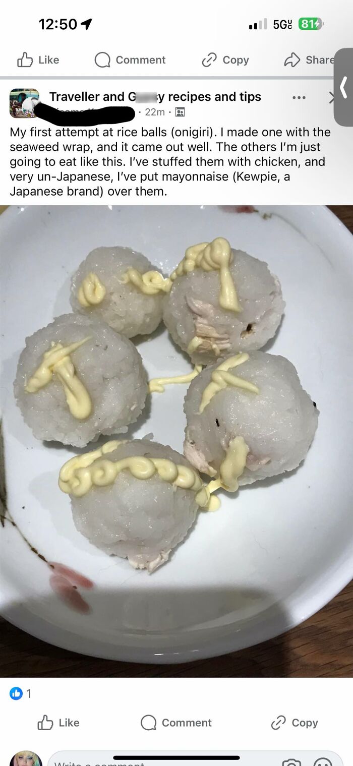 Rice balls with chicken and mayonnaise on white plate, an example of gross foods that might lose your appetite for a week