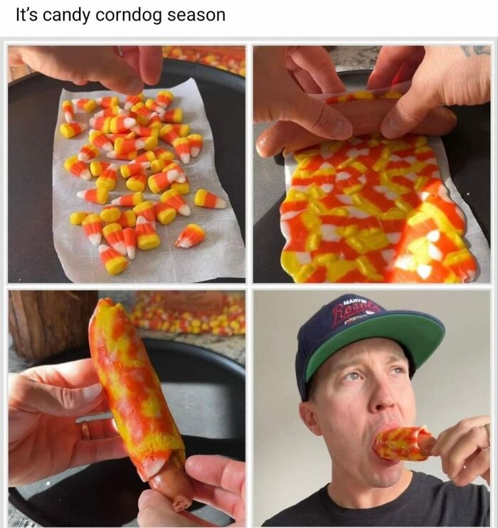Candy corn melting into a hot dog to create an unusual gross food combination that might lose your appetite.