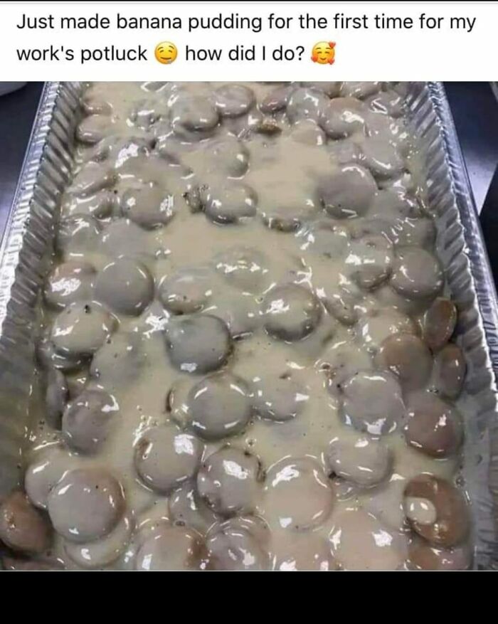 Tray of unappetizing banana pudding with odd texture, representing some of the gross foods that might ruin your appetite.