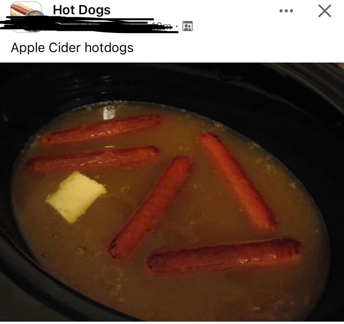 Apple cider hotdogs soaking in a slow cooker, an example of gross foods that might make you lose your appetite.