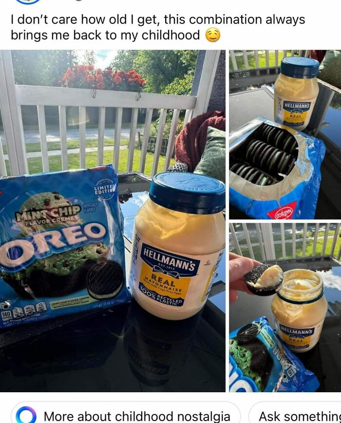 Jar of mayonnaise next to mint chip Oreo cookies on a glass table illustrating gross foods combination.