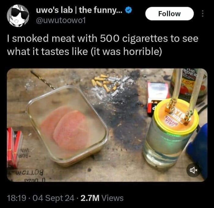 Tweet about smoking meat with 500 cigarettes to test taste, highlighting gross foods that might cause appetite loss for a week.