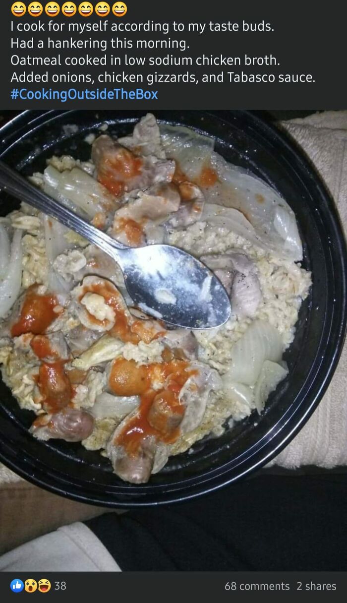 Bowl of oatmeal with chicken gizzards, onions, and hot sauce, representing some of the gross foods that might lose your appetite.