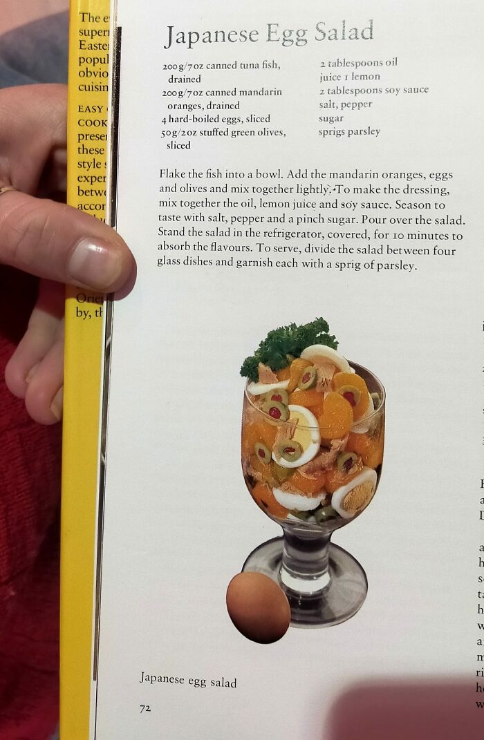 Recipe page showing Japanese egg salad with tuna, oranges, olives, and a glass bowl, representing gross foods loss of appetite.