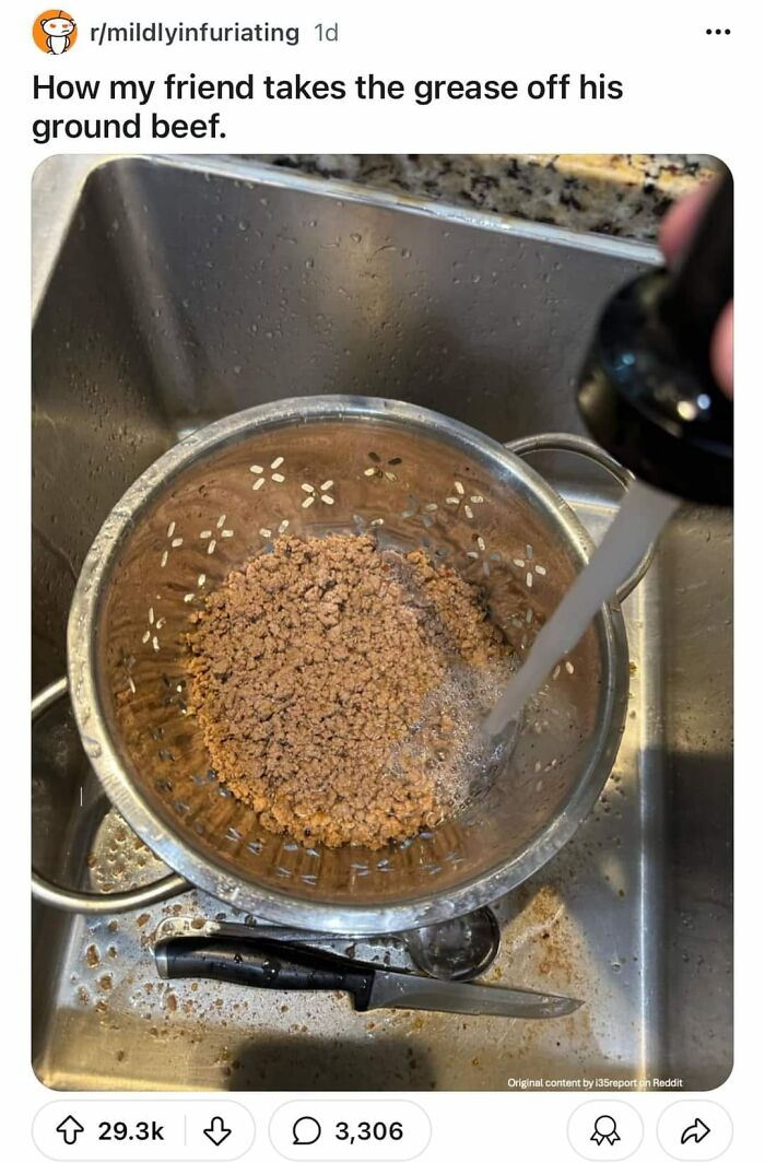 Ground beef being rinsed under running water in a colander in a kitchen sink, illustrating gross foods.