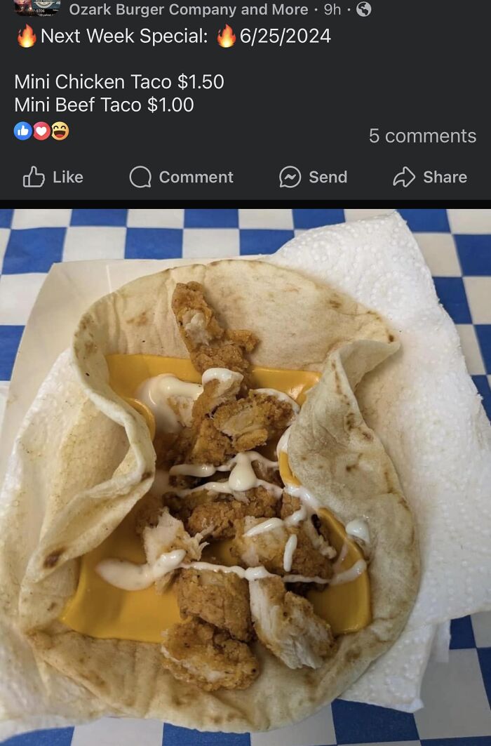 Mini chicken taco with melted cheese and sauce on a tortilla, an example of foods that are so gross you might lose appetite.