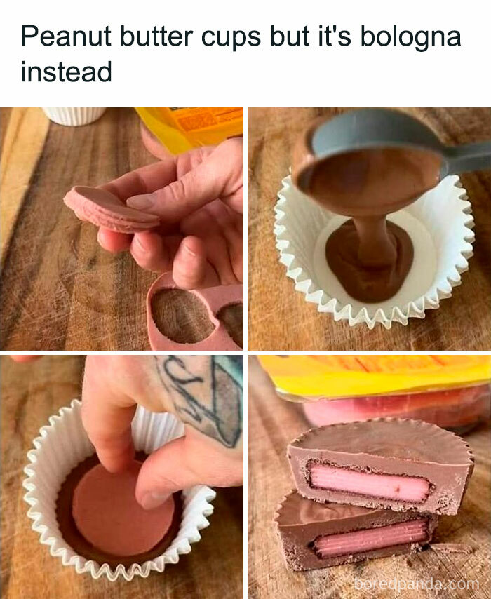 Chocolate peanut butter cups made with bologna inside, an unusual and gross food combination.