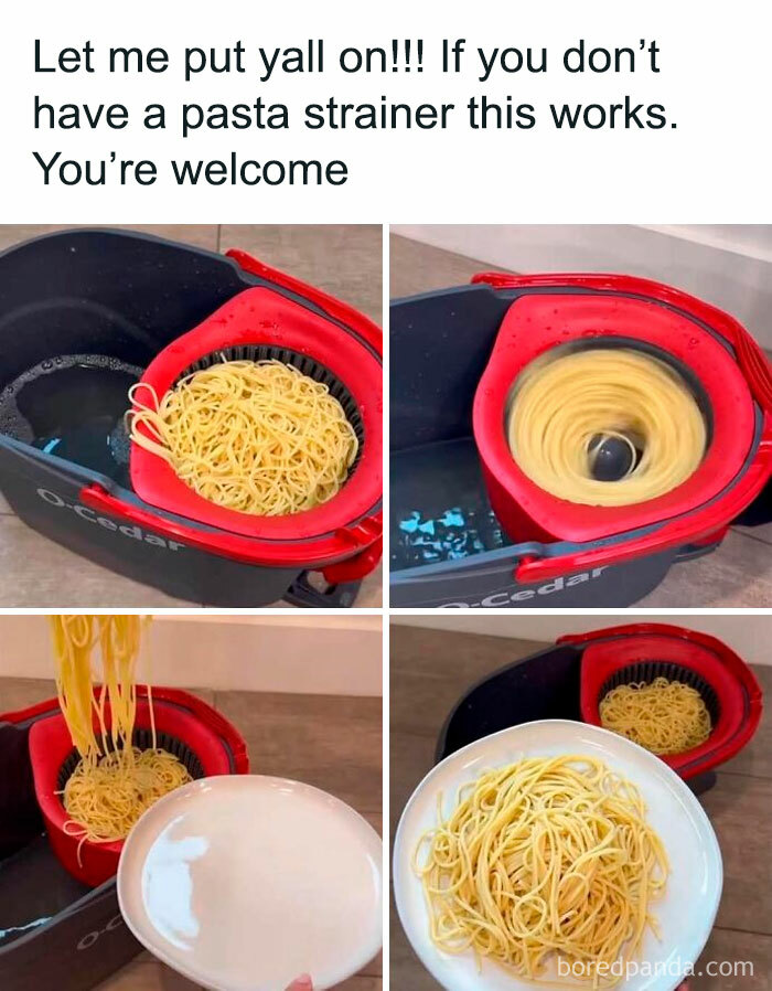 Collage showing a red pasta strainer inside a bucket used to drain spaghetti with no traditional strainer.