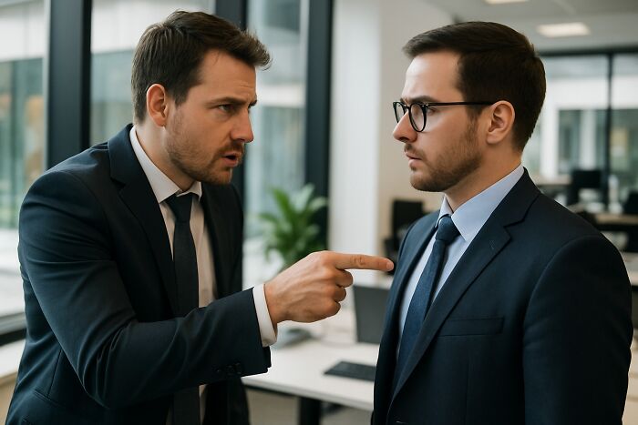 Two corporate men in suits confront each other in office, illustrating ways to call out corporate pals’ lies.