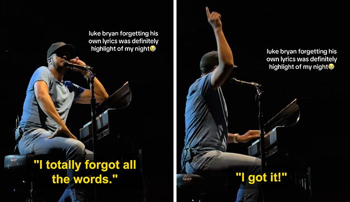 Country star at piano on stage, pausing mid-concert after forgetting lyrics, raising hand during performance.